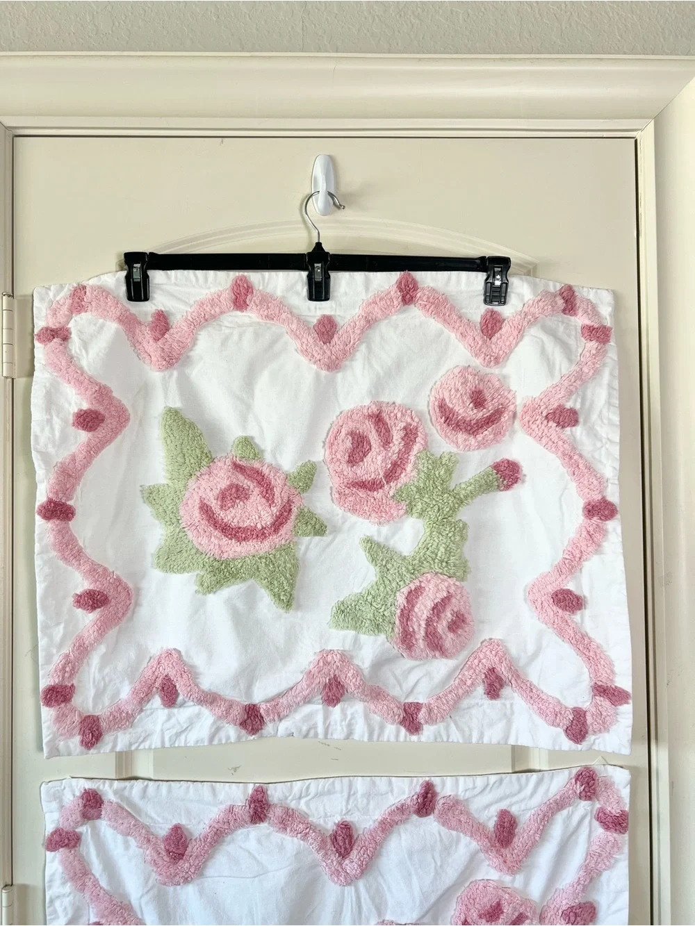 Vintage Shabby Chic Chenille Pink Rose Pillow Shams Set of 2 White Cotton